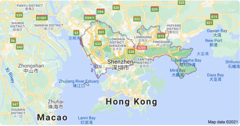 Map showing Shenzhen beside Hong Kong